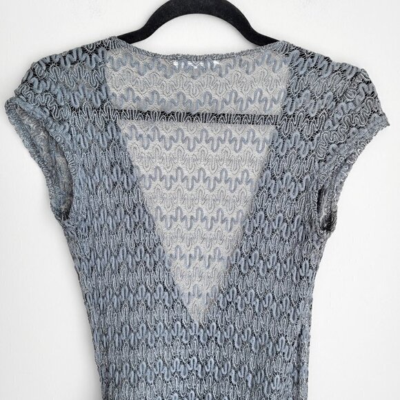 Promod Gray Metallic Knit Crochet Lace Wrap Cap Sleeve Cardigan - Picture 7 of 8